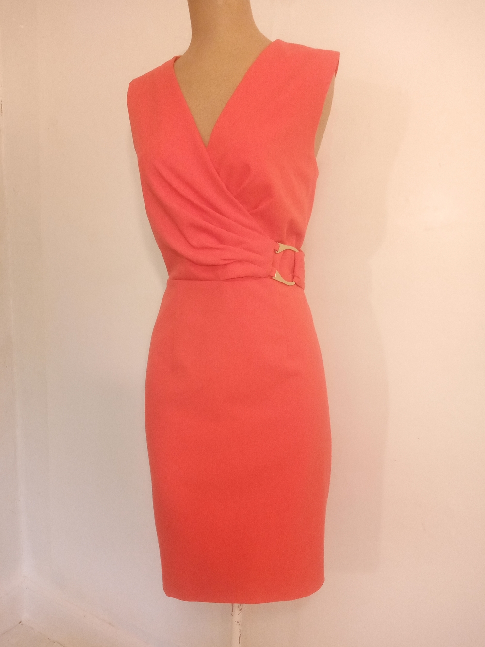 Calvin Klein Coral Wrap-Front Midi Dress with Side Buckle